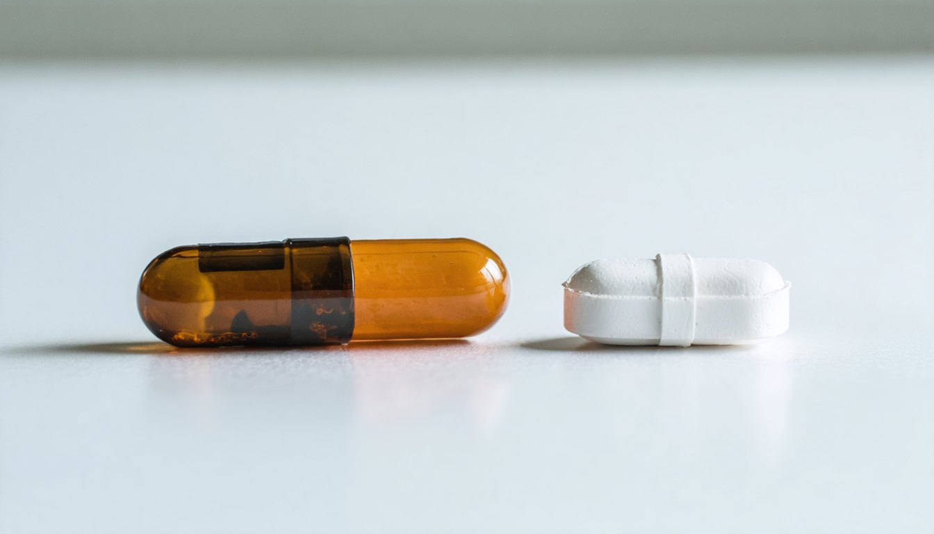 Various impotence medication pills and a glass of water on a bedside table symbolizing erectile dysfunction treatment options
